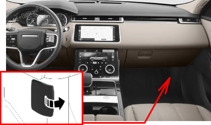 Location of the fuses in the passenger compartment: Range Rover Velar (2021-2026)