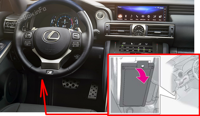 Location of the fuses in the passenger compartment: Lexus IS250 / IS300 / IS350 / IS500 (2014-2024)