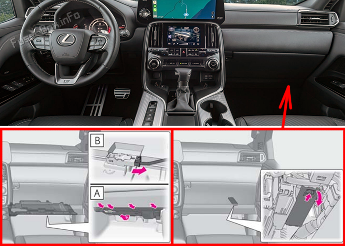 Location of the fuses in the passenger compartment: Lexus LX600 (J310; 2022-2024)