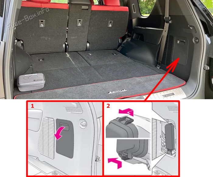 Location of the fuses in the trunk: Lexus LX600 (J310; 2022-2024)