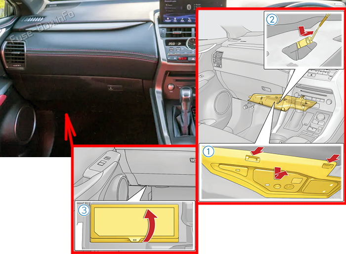 Location of the fuses in the passenger compartment (RHD): Lexus NX200t / NX300 / NX300H (2015-2021)