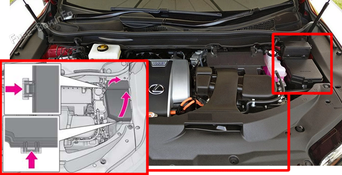 Location of the fuses in the engine compartment: Lexus RX (210t/300/350/450H) (2016-2022)