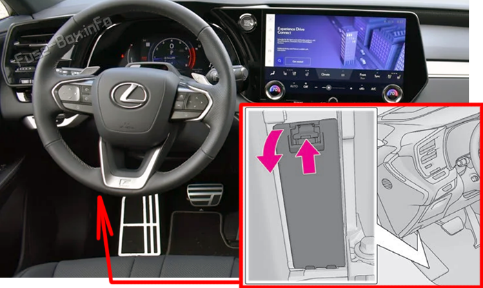 Location of the fuses in the passenger compartment: Lexus RX350 / RX350h / RX500h / RX450h+ (2023-2025)