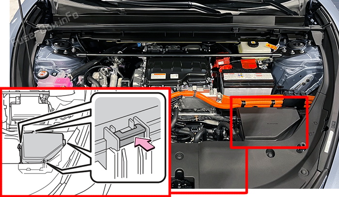 Location of the fuses in the motor compartment: Lexus RZ300e / RZ350e / RZ450e (2023-2025)