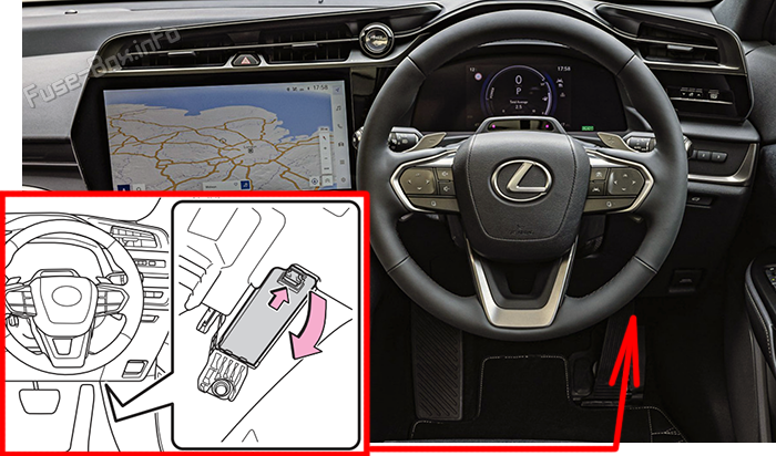 Location of the fuses in the passenger compartment (RHD): Lexus RZ300e / RZ350e / RZ450e (2023-2025)