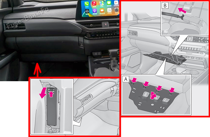 Location of the fuses in the passenger compartment (RHD): Lexus UX200 / UX250h / UX300h (2019-2025)