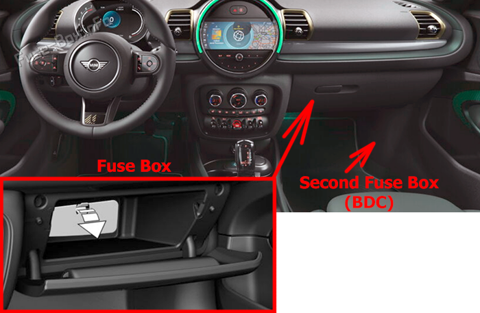 Location of the fuses in the passenger compartment: MINI Clubman (F54; 2015-2024)