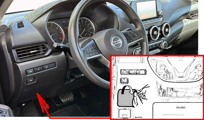 Расположение предохранителей в салоне Nissan Sentra (B18; 2020–2025)