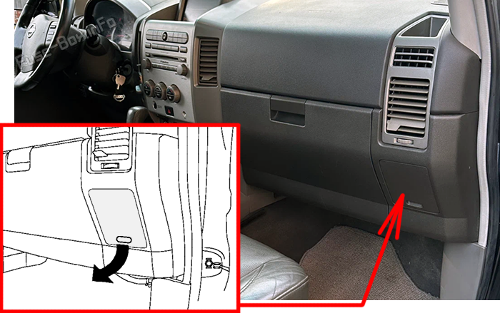 Расположение предохранителей в салоне Nissan Titan (A60; 2004–2009)