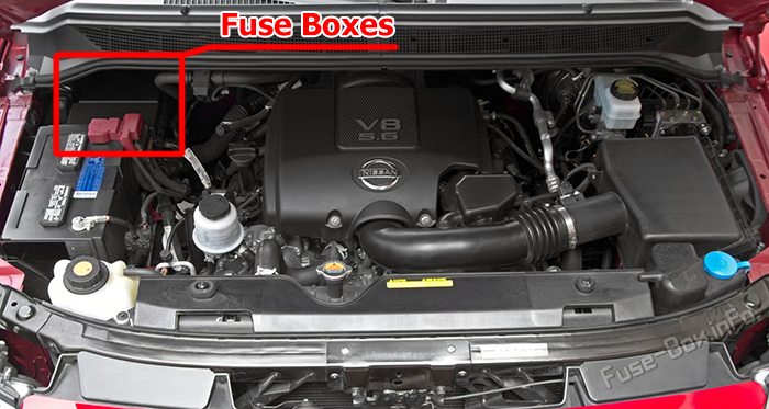 Расположение предохранителей в моторном отсеке Nissan Titan (A60; 2010–2015)