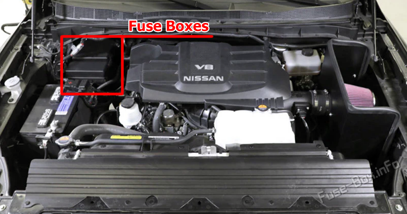 Расположение блоков предохранителей в моторном отсеке Nissan Titan (A61; 2016-2024)