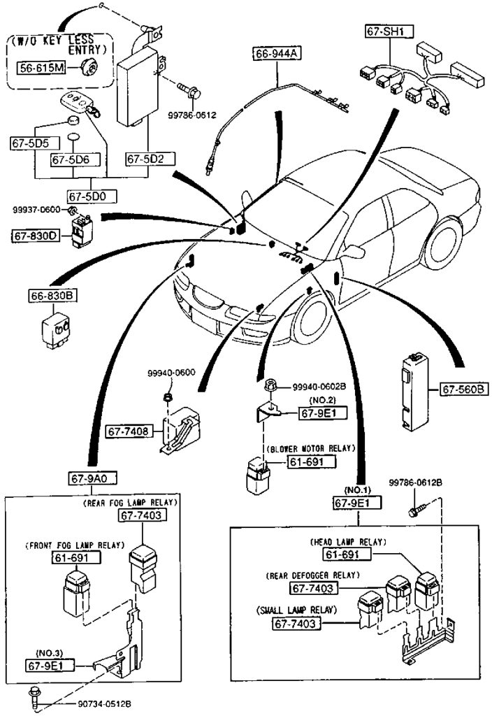 Расположение блоков предохранителей и реле Предохранители и реле Mazda Xedos 6 (Eunos 500) - схема 7
