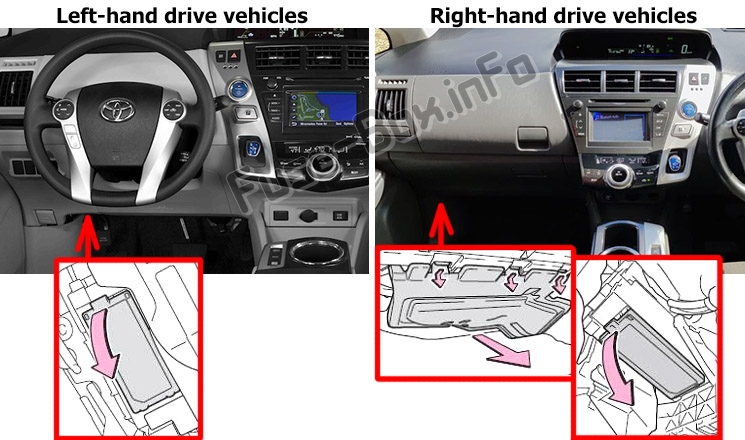 Расположение блоков предохранителей и реле Предохранители и реле Toyota Prius V / Prius + / Prius α (ZVW40 / ZVW41; 2012-2018) - схема 1