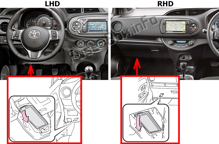 Расположение блоков предохранителей и реле Предохранители и реле Toyota Yaris / Echo / Vitz (XP130 / XP150; 2011-2018) - схема 1
