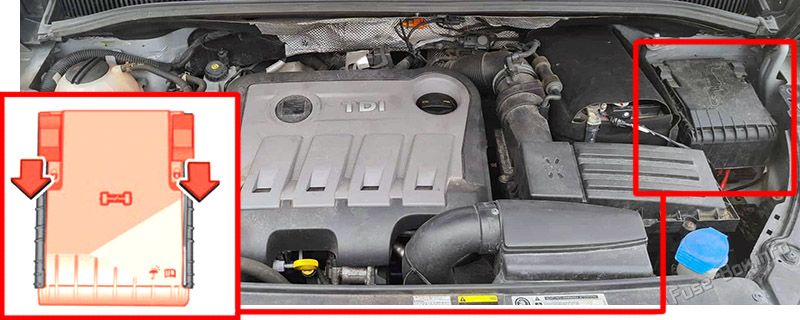 Location of the fuses in the engine compartment: SEAT Alhambra (2010-2020)