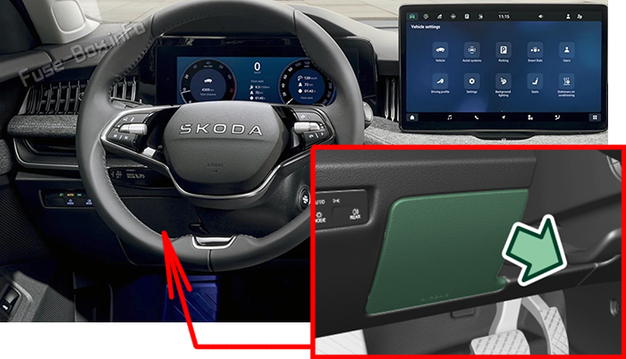 Расположение предохранителей in the passenger compartment (LHD): Skoda Superb (B9/3Y; 2024-2026)