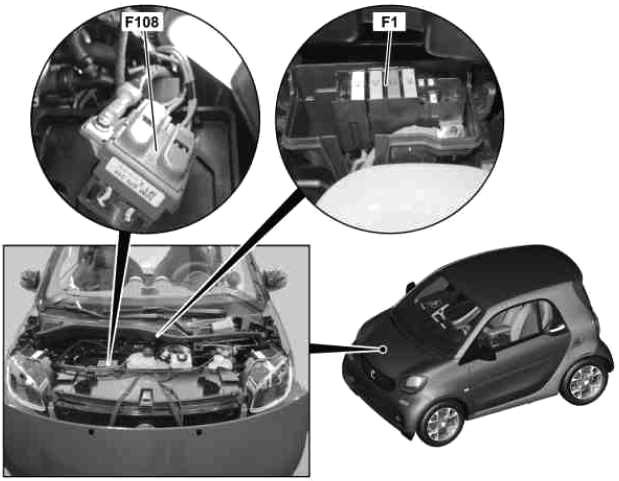 Расположение блоков предохранителей и реле Smart Fortwo, Forfour 2014-2017 - схема 3