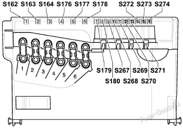 Схема блока предохранителей под капотом (вариант 1): Volkswagen Polo (2002, 2003, 2004, 2005, 2006, 2007, 2008, 2009)