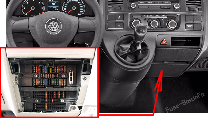 Расположение предохранителей в салоне: Volkswagen Transporter T5.1 (2010-2015)